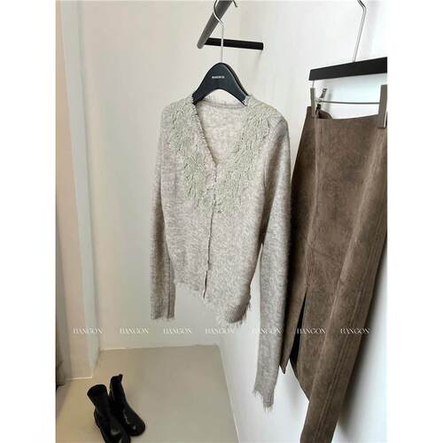 针织套装裙miu系v领蕾丝拼接打底衫早春纯欲气质半裙