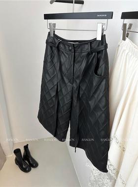 本期TOP.1推荐！黑色菱格皮裤女气质百搭休闲老钱风直筒五分中裤
