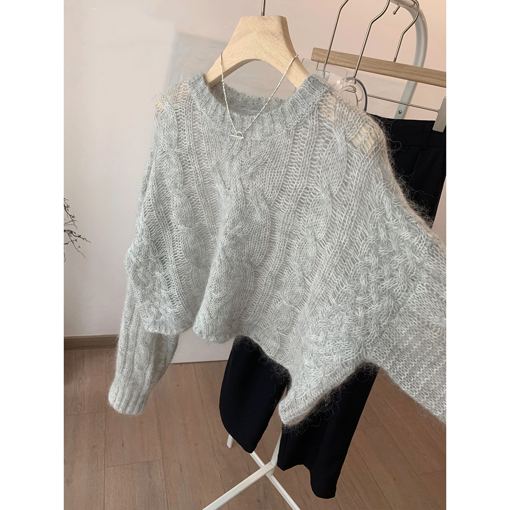 强推！官网2K+！！灰色镂空麻花毛衣女宽松慵懒高级感短款针织衫