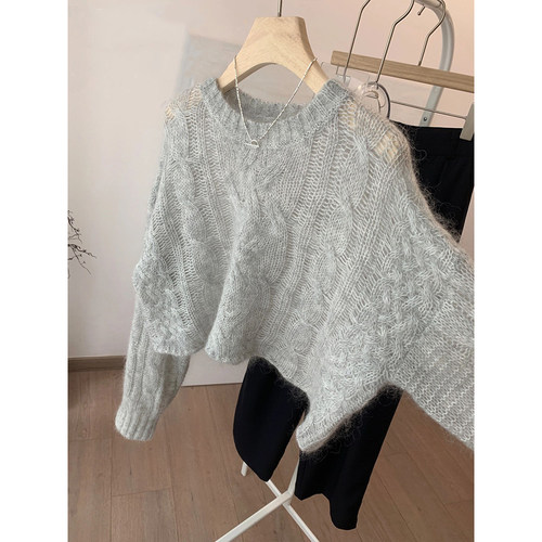 强推！官网2K+！！灰色镂空麻花毛衣女宽松慵懒高级感短款针织衫