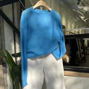 蓝色圆领针织衫女2024秋季内搭高级感显瘦长袖软糯马海毛毛衣上衣