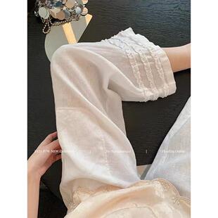 松弛感木耳边直筒亚麻休闲裤女2026夏季新款慵懒百搭白色阔腿裤子