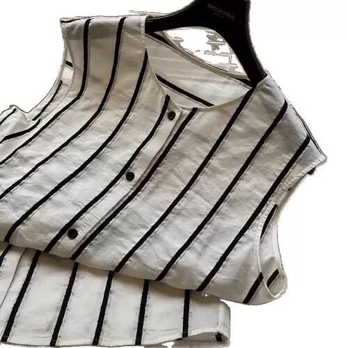 跟它比，颜值甩你三条街！真丝亚麻竖条纹无袖中长款背心衬衫女