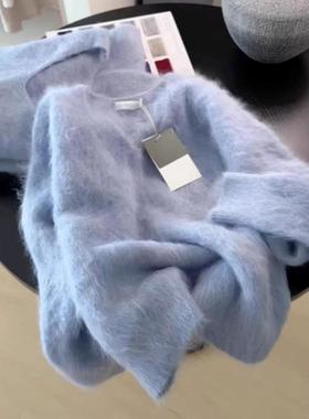 CHAO级！多巴胺蓝色拉毛毛衣女冬季新款慵懒风软糯针织衫上衣