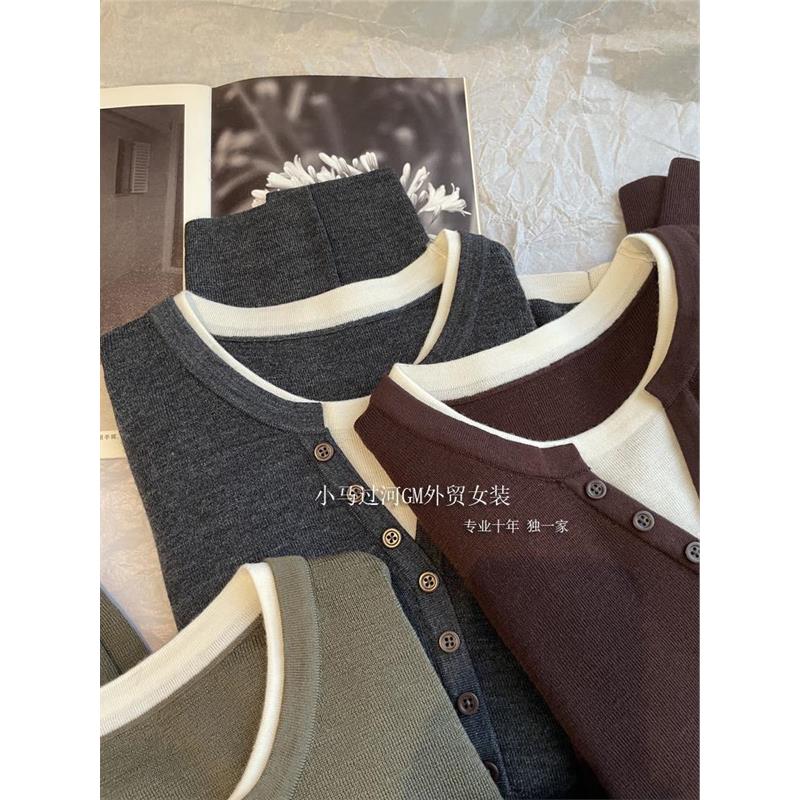 自留！！！简约出挑~早秋m*u系极简风撞色假两件纽扣针织衫女