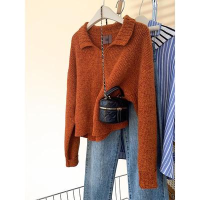 橘色浣熊绒翻领套头毛衣女秋冬欧货小个子内搭打底针织衫早秋加厚