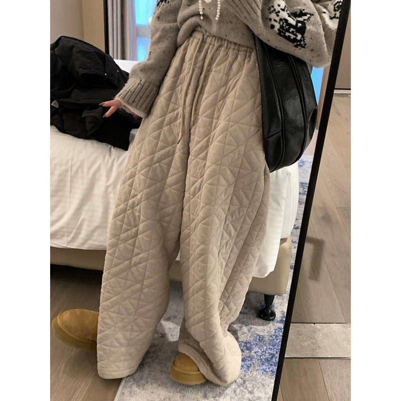 菱格夹棉卫裤女2024冬季新款宽松显瘦阔腿保暖遛弯慵懒休闲长裤子