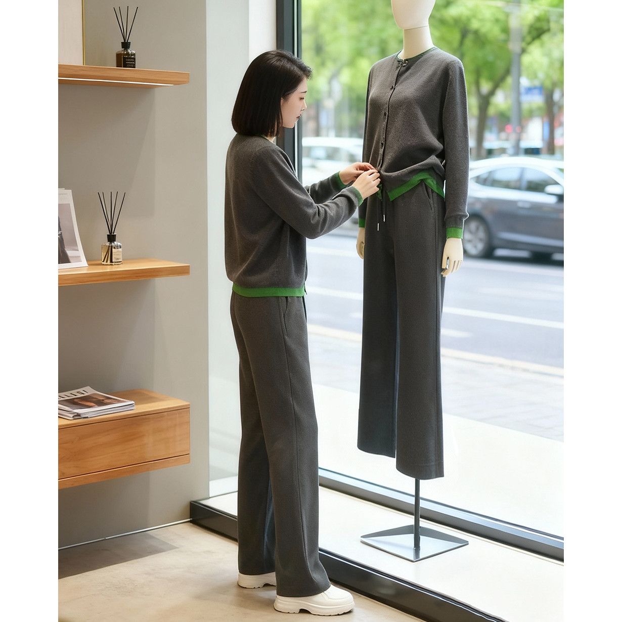 冬季新款女装森系穿搭简约高级感低园领针织开衫阔腿裤套装两件套