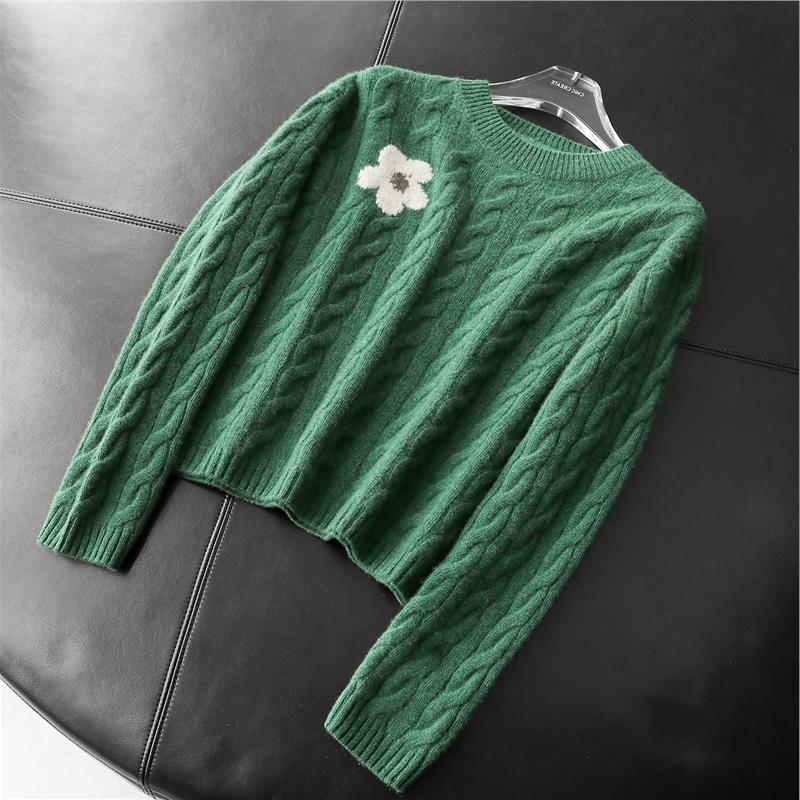 秋冬顶配!康赛妮羊绒 复古绞花纯羊绒圆领长袖套头针织衫毛衣女