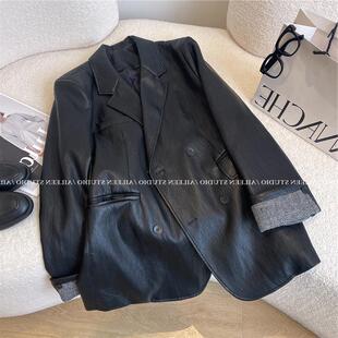 时尚 黑色皮衣西装 韩版 新款 宽松高级感皮夹克上衣潮 外套女2025秋装