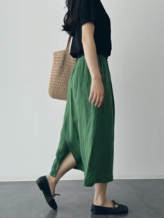品牌折扣专柜外贸女装复古深绿亚麻中长款侧开叉显瘦半身裙女夏季