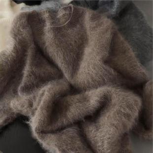 慵懒风软糯保暖针织衫 挚爱 老钱风茶褐色羊毛拉绒毛衣女冬季