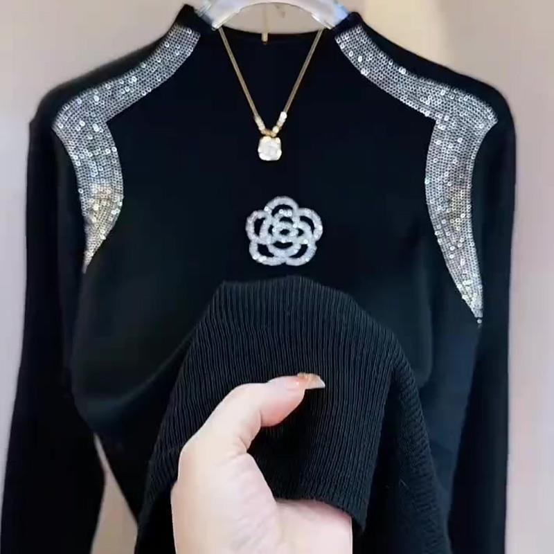 黑色半高领长袖针织打底衫女2025秋冬新款烫钻设计修身大码上衣潮