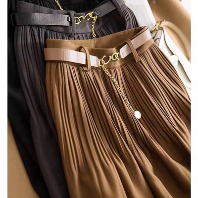 品牌专柜撤柜女装外贸原单清仓时髦显瘦磨毛过膝中长百褶半身裙女