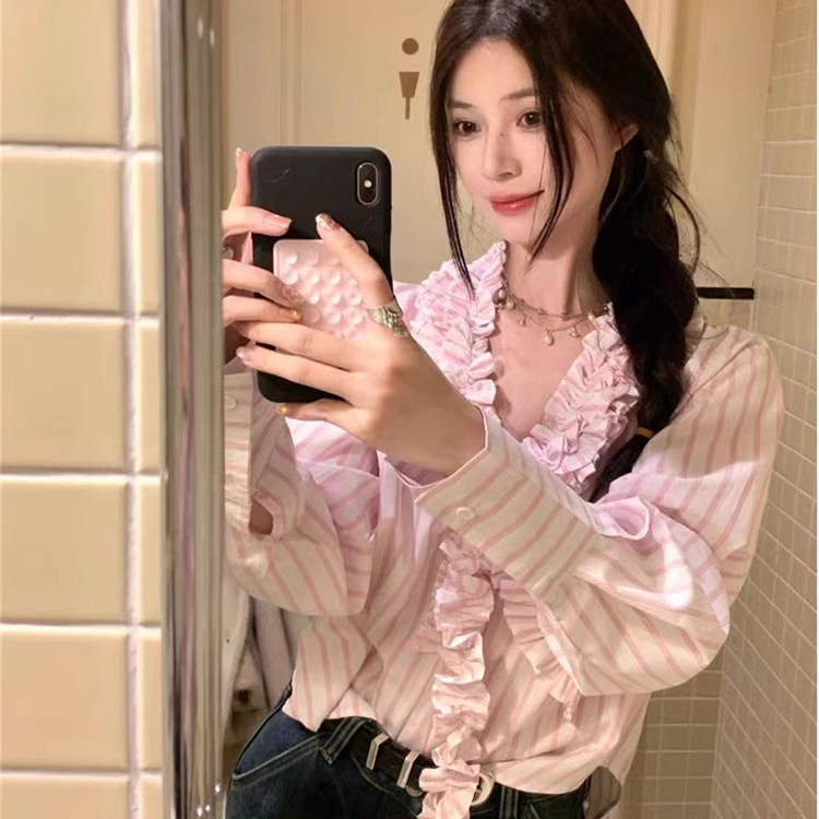 甜美风粉色条纹衬衫设计感木耳边长袖宽松衬衣女装春季V领上衣ins