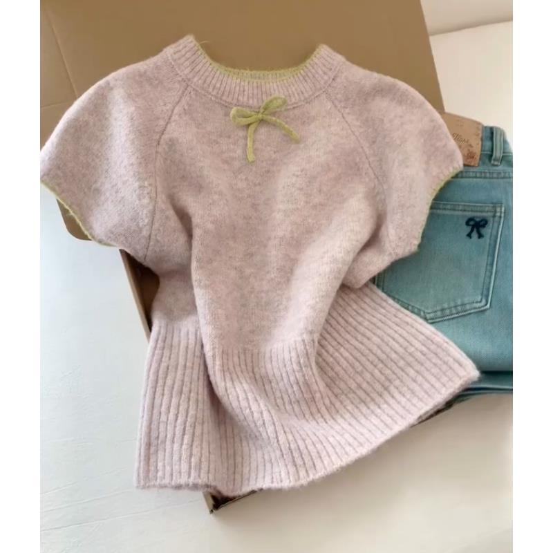 今年新款2025秋季新品大码甜美淑女风蝴蝶结短袖针织衫色显瘦上衣