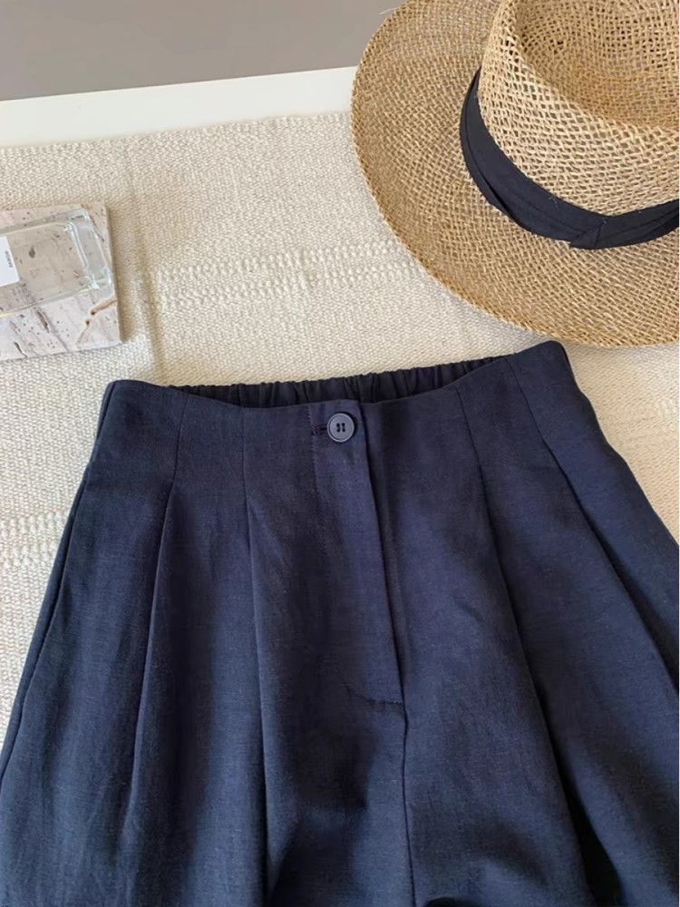 全宇宙醉好穿！！渠道货~藏蓝色棉麻后松紧腰长裤女夏季亚麻裤子