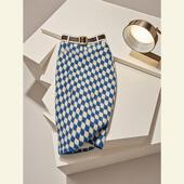 硫酸铜穿搭小个子超好看长裙蓝色菱格修身 显瘦包臀针织半身裙女冬