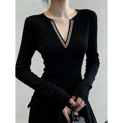 秋冬复古辣妹黑色链条v领针织打底衫女内搭掐腰显瘦绝美长袖上衣