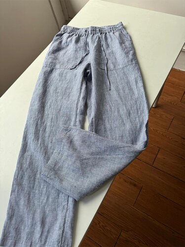 CHAO级！捡漏！国外门店~蓝白条纹亚麻慵懒松弛感休闲直筒裤