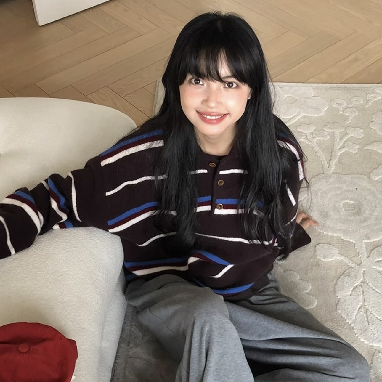 韩式撞色条纹polo衫2025秋冬新款宽松慵懒风软糯毛衣上衣翻领卫衣