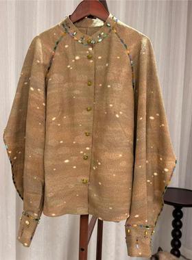 高端小资法式别致上衣姜黄色钉珠亮片衬衫女秋高级感轻奢减龄洋气