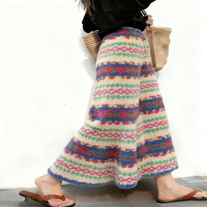 牛X货 巨炸裂！费尔岛印花羊羔毛半身裙女冬季高腰加厚保暖a字裙