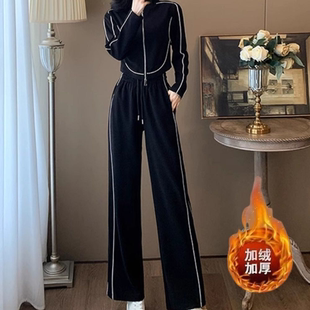 高级感黑色休闲运动服套装冬季加绒加厚洋气卫衣高腰阔腿裤两件套