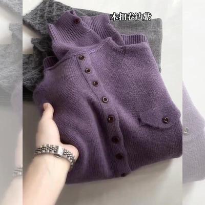 慵懒风高级感紫色半高领针织衫女2025冬季新款韩版单排扣百搭毛衣