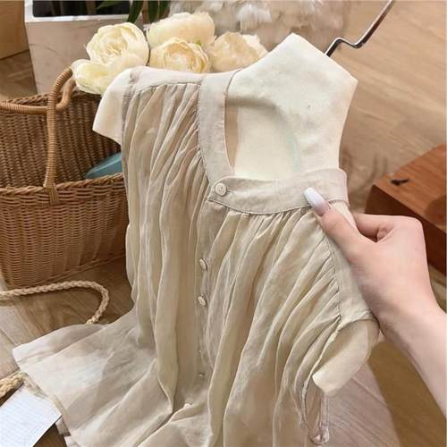 重磅推荐！松弛感米色亚麻无袖小衫女2025新款设计感皱褶休闲背心