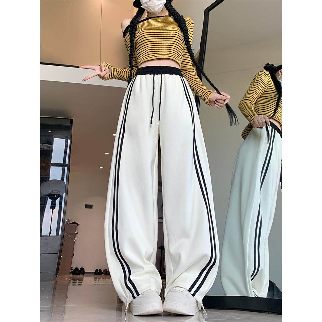 侧条纹撞色拼接松紧腰抽绳运动卫裤 宽松阔腿休闲长裤 春秋百搭女,女装/女士精品,休闲裤,淘宝优惠券,粉丝福利购,淘宝优惠卷