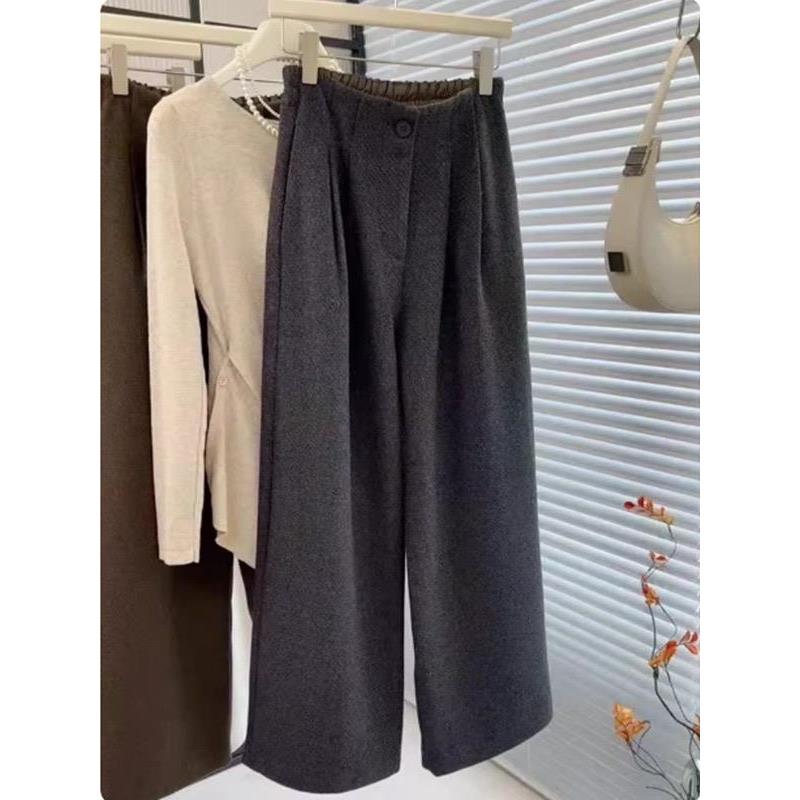 怒推！外贸单品质，压褶松紧腰气质毛呢西裤女2025秋冬显瘦阔腿裤
