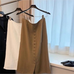 CHAO级推荐 高腰显瘦开叉a字裙子 卡其色亚麻单排扣半身裙女夏季