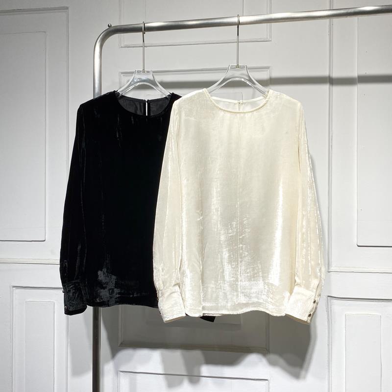 品牌折扣专柜商场外贸女装清仓复古套头简约真丝丝绒长袖衬衫上衣