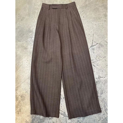 棕色竖条纹羊毛阔腿西装裤子女2024秋冬新款欧货复古西裤直筒长裤