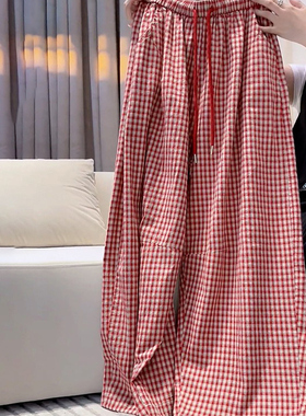 质感好到爆！高腰显瘦休闲裤宽松慵懒风安可拉红色棉麻格子裤女