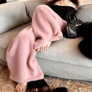 慵懒风高腰显瘦软糯休闲裤 牛X货 女冬季 粉色针织阔腿裤 子 巨炸裂