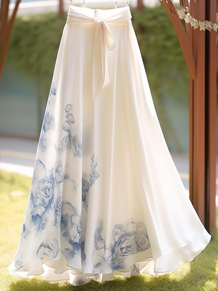 品牌折扣专柜高端外贸女装出口小个子白色印花高腰a字半身裙长裙