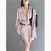 牛X货 两件套女 短裤 巨炸裂 今年流行高级感休闲舒适粉色亚麻衬衫