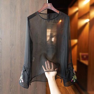 大牌清仓捡漏春夏真丝防晒可外穿衬衫女重工国潮风刺绣桑蚕丝上衣