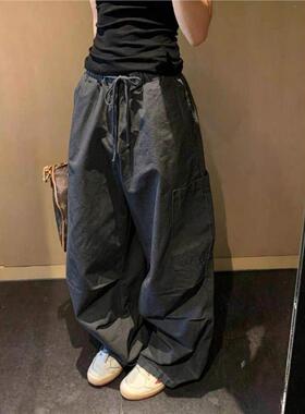 牛X货 巨炸裂！美式时髦炸街深灰色抽绳工装裤女夏季松紧腰阔腿裤