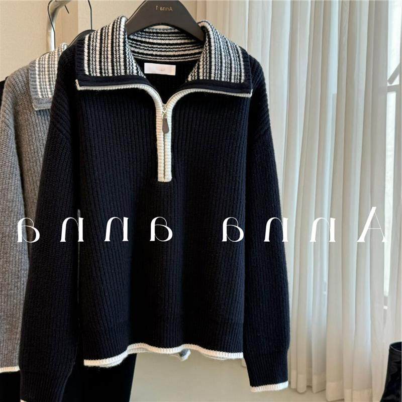 法式风藏青色半拉链翻领羊绒毛衣女2025秋冬新款显瘦宽松针织衫,女装/女士精品,羊绒衫,淘宝优惠券,粉丝福利购,淘宝优惠卷