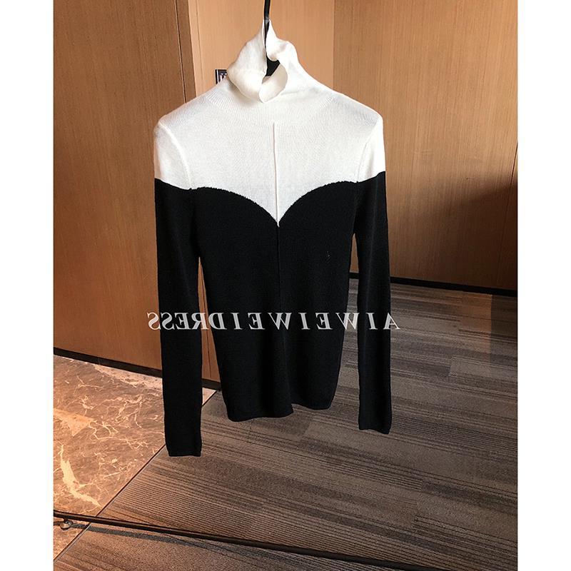 折扣黑白v型拼接高弹力紧身显瘦堆堆领小高领内搭针织衫