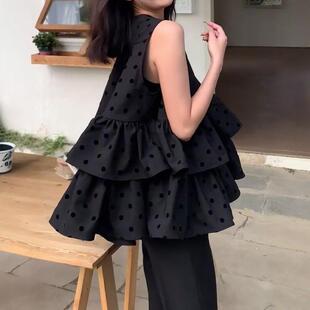 宽松小个子别致圆领蛋糕娃娃衫 女夏季 上衣潮 背心衬衫 黑色波点无袖