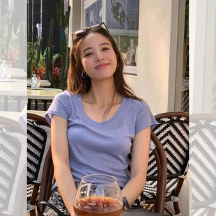 怒推！外贸单品质，新款法式小众设计绝美紫蓝色u领短袖T恤上衣女