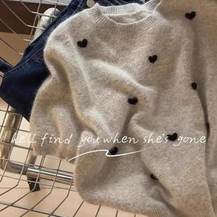 牛X货 巨炸裂！灰色羊毛立体爱心针织短袖女上衣减龄甜美百搭毛衣