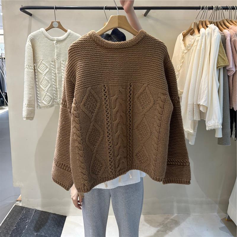 推荐!棕色菱形麻花纽扣羊毛毛衣女2025秋冬新款圆领针织开衫外套