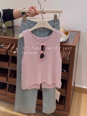 牛X货 巨炸裂！高品质粉色开叉针织马甲背心女夏小众别致无袖上衣