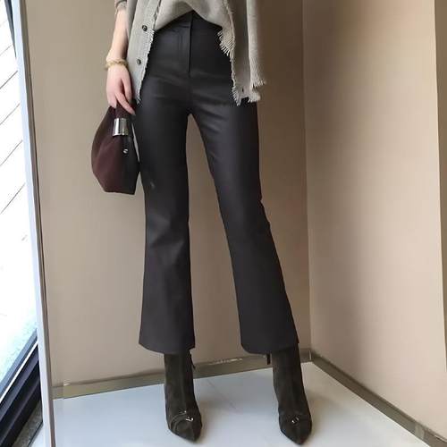 洋气设计感黑色高腰皮裤女2025秋季新款显瘦休闲微喇时尚九分长裤