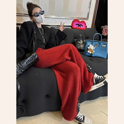 CHAO级推荐！2024秋冬休闲裤慵懒风红色高腰针织拖地阔腿裤子女